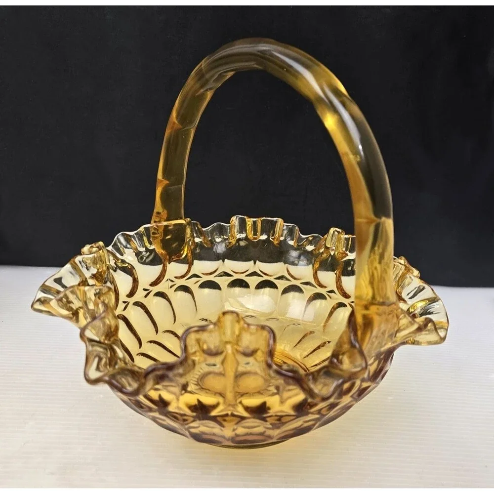 Vintage Fenton Colonial Amber Thumbprint Glass Basket  8